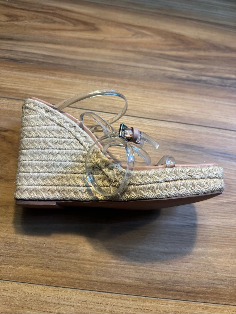 Madden Girl Clear-Strap Espadrille Wedges in Blush